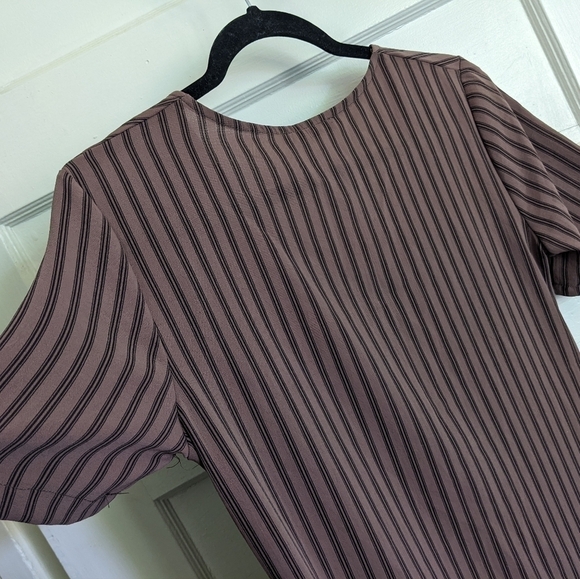 ZARA RUSHED BOHO RUFFLED SHORT SLEEVES BROWN VERTICAL STRIPED MIDI DRESS… - Picture 11 of 16